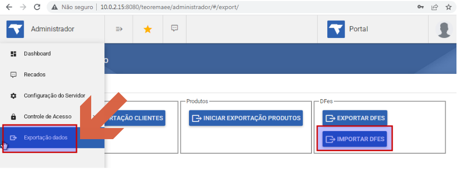 Administrador do Servidor de Notas com menu Exportação dados selecionado e botão IMPORTAR DFES destacado na seção DFes
