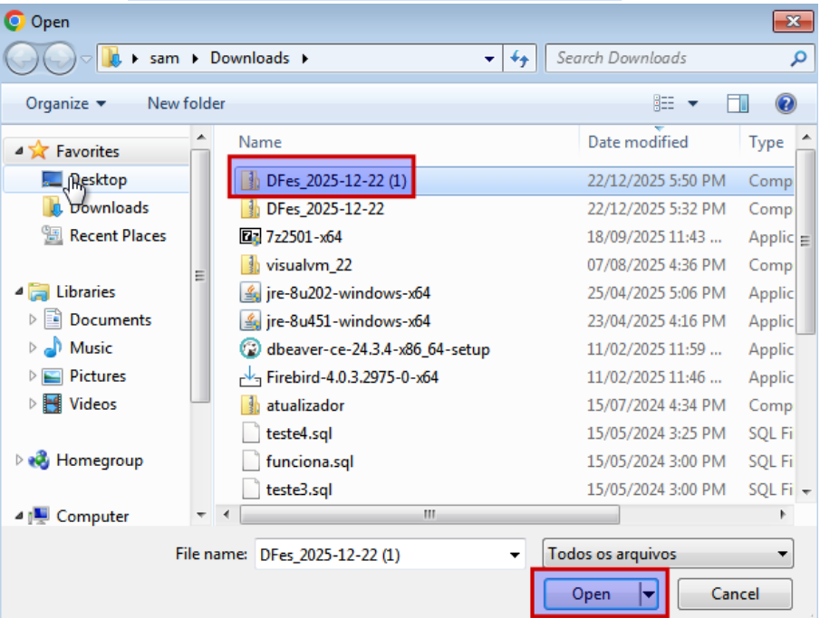 Diálogo Open do Windows com o arquivo DFes_2025-12-22 (1) selecionado na pasta Downloads e botão Open destacado