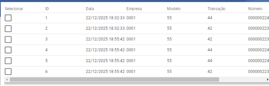Lista de documentos importados com seis registros, colunas Selecionar, ID, Data, Empresa (0001), Modelo (55), Transação e Número