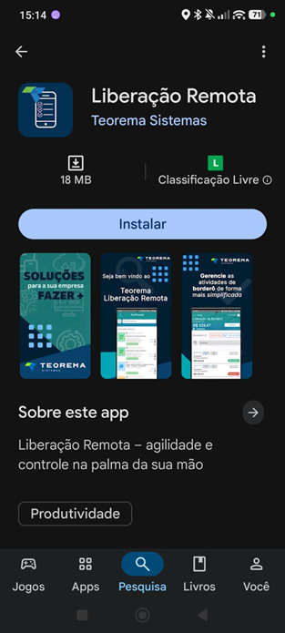 Página do aplicativo Liberação Remota na Google Play Store, exibindo nome "Liberação Remota – Teorema Sistemas", tamanho 18 MB, classificação Livre e botão Instalar