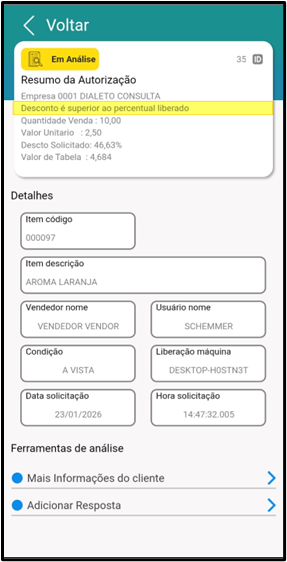 Tela do aplicativo Teorema Liberação Remota com status "Em Análise" (ID 35). Resumo da Autorização: Empresa 0001 DIALETO CONSULTA, motivo "Desconto é superior ao percentual liberado" destacado, Quantidade Venda 10,00, Valor Unitário 2,50, Desconto Solicitado 46,63%, Valor de Tabela 4,584. Detalhes: Item código 000097, Item descrição AROMA LARANJA, Vendedor nome VENDEDOR VENDOR, Usuário nome SCHEMMER, Condição A VISTA, Liberação máquina DESKTOP-H0STN3T, Data solicitação 23/01/2026, Hora solicitação 14:47:32.005. Ferramentas de análise: Mais Informações do cliente e Adicionar Resposta