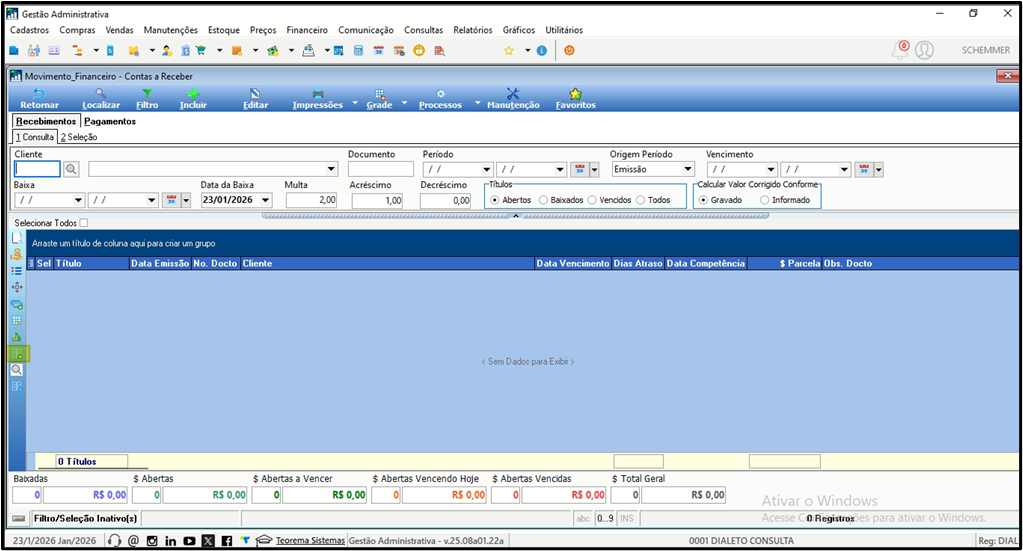 Tela Movimento Financeiro – Contas a Receber no ERP Teorema com filtros de pesquisa (data de baixa 23/01/2026, situação Abertas) e listagem de títulos com colunas Sel, Título, Data Emissão, No. Docto, Cliente, Data Vencimento, Dias Atraso, Data Competência, Parcela, Dls, Descto. Totalizadores inferiores: Abertas, A Vencer, Abertas Vencendo Hoje, Abertas Vencidas, Total Geral