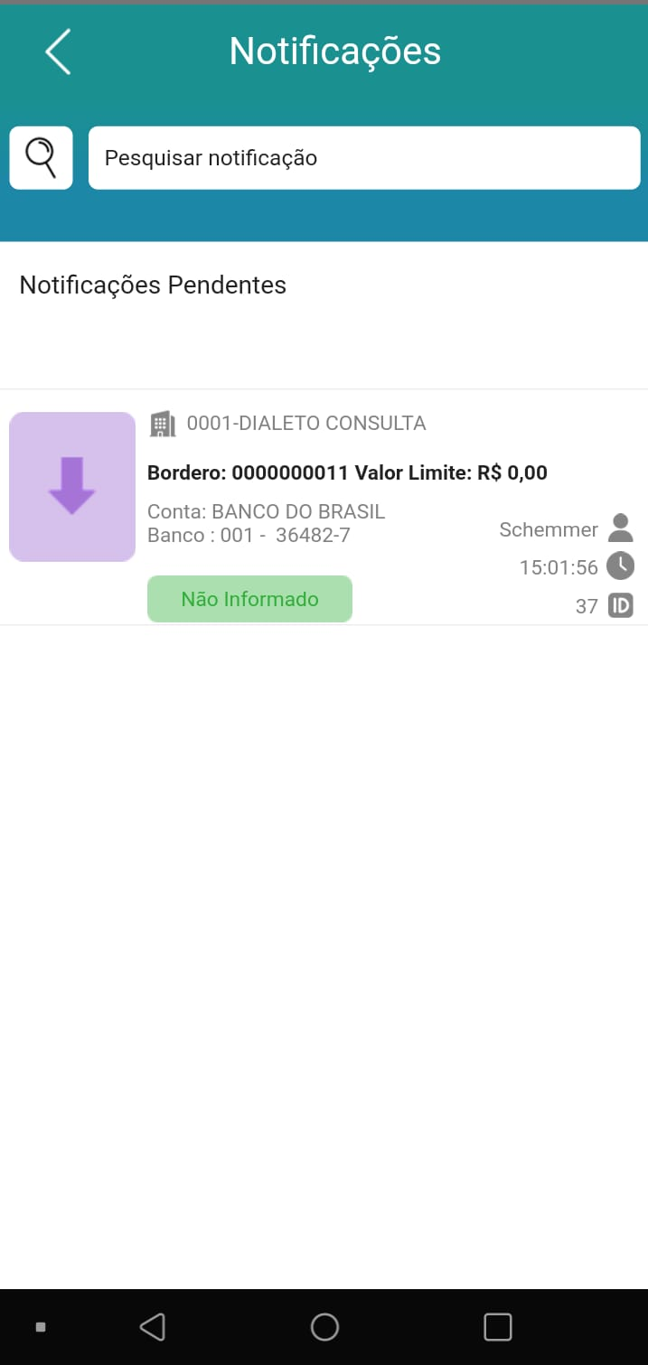 Tela Notificações do aplicativo Teorema Liberação Remota com campo de busca "Pesquisar notificação". Seção "Notificações Pendentes": notificação para empresa 0001-DIALETO CONSULTA, "Bordero: 0000000011 Valor Limite: R$ 0,00", Conta: BANCO DO BRASIL, Banco: 001 – 36482-7, usuário Schemmer, hora 15:01:56, ID 37, status "Não Informado"