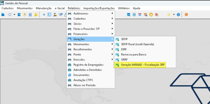 Menu Relatórios expandido no módulo Gestão de Pessoal, com submenu Gerações aberto e item "Geração MANAD – Fiscalização SRP" destacado