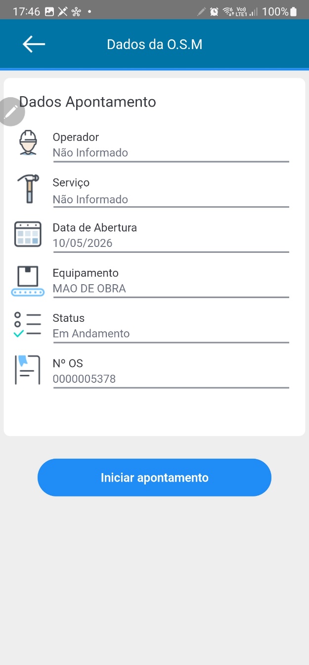 Tela Dados da O.S.M com card Dados Apontamento exibindo campos Operador (Não Informado), Serviço (Não Informado), Data de Abertura (10/05/2026), Equipamento (MAO DE OBRA), Status (Em Andamento), Nº OS (0000005378) e botão Iniciar apontamento