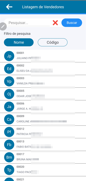 Tela Listagem de Vendedores com campo de pesquisa, filtros Nome e Código, e lista de operadores numerados: 00001, 00002, 00003, 00005, 00006, 00009, 00012, 00013, 00017, 00020, 00021