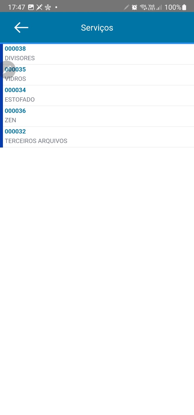 Tela Serviços com lista de serviços cadastrados: 000038 DIVISORES, 000035 VIDROS, 000034 ESTOFADO, 000036 ZEN, 000032 TERCEIROS ARQUIVOS
