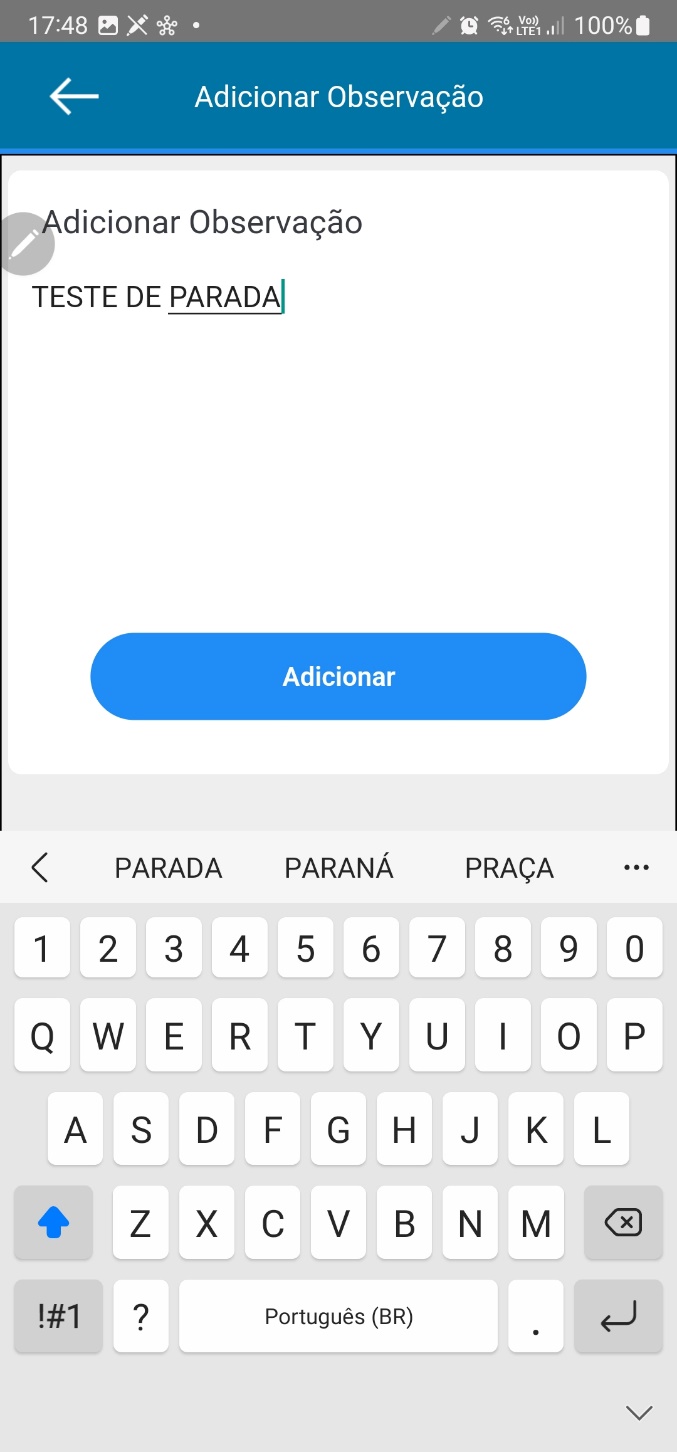 Tela Adicionar Observação com texto digitado na área de entrada e teclado aberto, botão Adicionar visível
