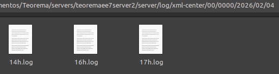 Explorador de arquivos exibindo o caminho server/log/xml-center/00/0000/2026/02/04 com os arquivos 14h.log, 16h.log e 17h.log