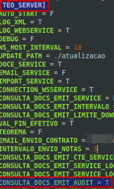 Trecho do server.ini com a linha CONSULTA_DOCS_EMIT_AUDIT = T destacada
