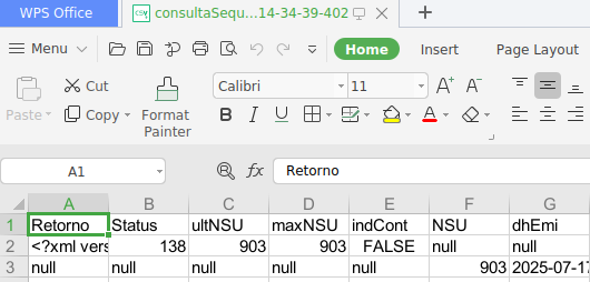 Planilha consultaSequencialNFe aberta no WPS Office mostrando cabeçalho com colunas Retorno, Status, ultNSU, maxNSU, indCont, NSU, dhEmi e linha de dados com Status 138, ultNSU 903, maxNSU 903, indCont FALSE