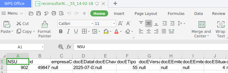 Planilha reconsultarNSUsFaltantes aberta no WPS Office mostrando cabeçalho com colunas NSU, id, empresaC, docEData, docEChav, docETipo, docEVers, docEEmite, docESitua e linha de dados com NSU 902