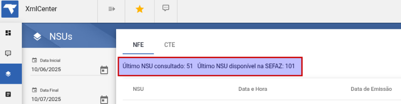 Tela NSUs do XmlCenter com abas NFE e CTE, exibindo "Último NSU consultado: 51 Último NSU disponível na SEFAZ: 101", com filtros de Data Inicial e Data Final