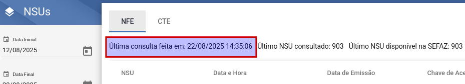 Tela NSUs do XmlCenter exibindo "Última consulta feita em: 22/08/2025 14:35:06 Último NSU consultado: 903 Último NSU disponível na SEFAZ: 903"