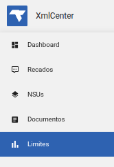 Menu lateral do XmlCenter com itens Dashboard, Recados, NSUs, Documentos e Limites selecionado