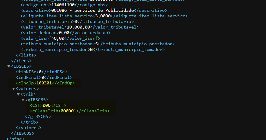 Trecho do XML gerado exibindo tags codigo_nbs 114061100, descritivo 001086 Servicos de Publicidade, aliquota_item_lista_servico 3,0000, situacao_tributaria 0, valor_tributavel 10.000,00, tributa_municipio_prestador S, tributa_municipio_tomador N, cIndOp 100301, CST 000 e cClassTrib 000001