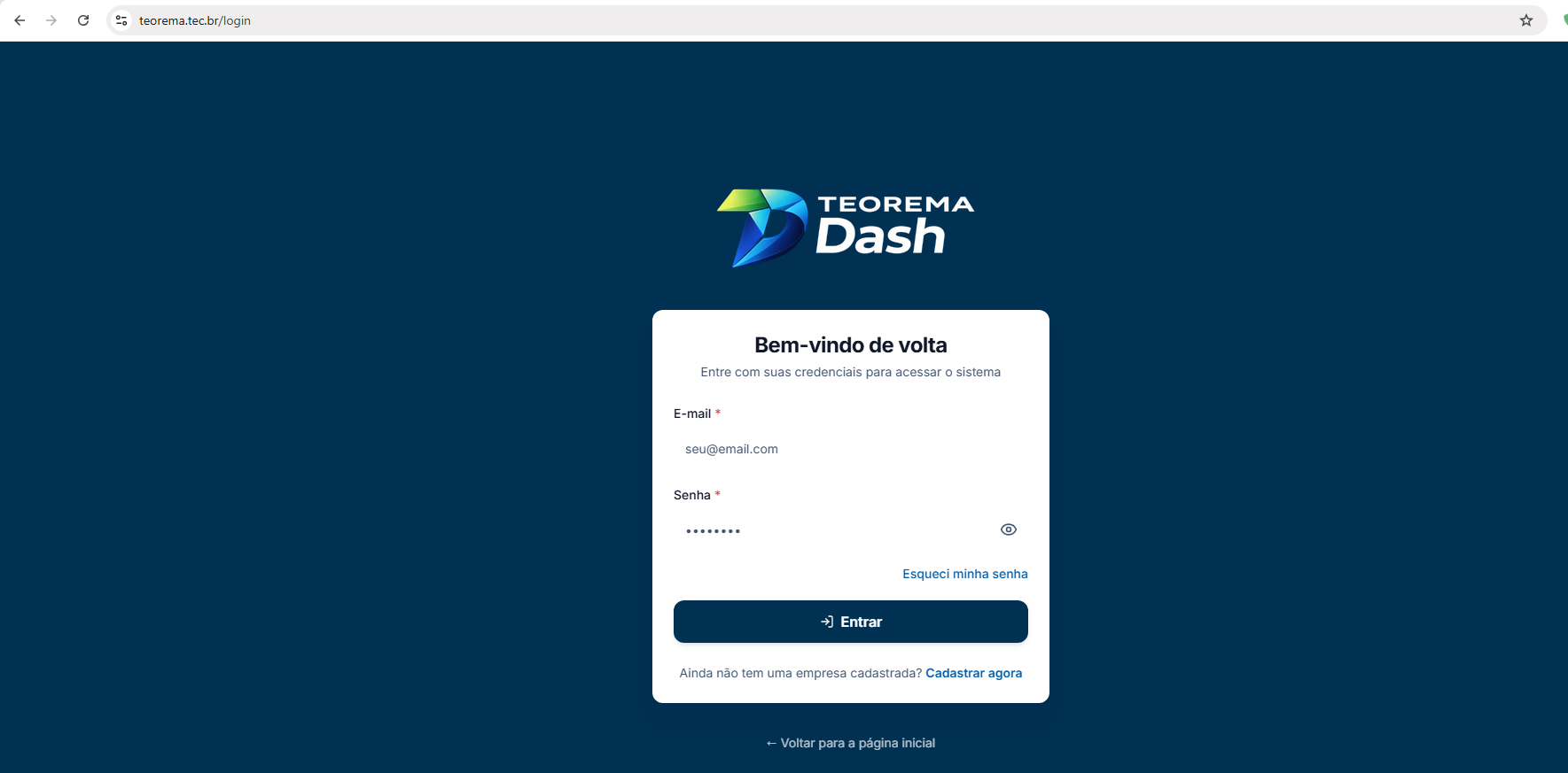 Tela de login da Plataforma Teorema Dash com campos E-mail e Senha, botão Entrar, link Esqueci minha senha e link Cadastrar agora