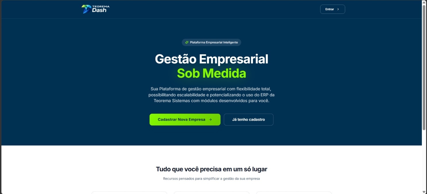 Landing page da Plataforma Teorema Dash com título Gestão Empresarial Sob Medida, botões Cadastrar Nova Empresa e Já tenho cadastro, e texto descritivo da solução
