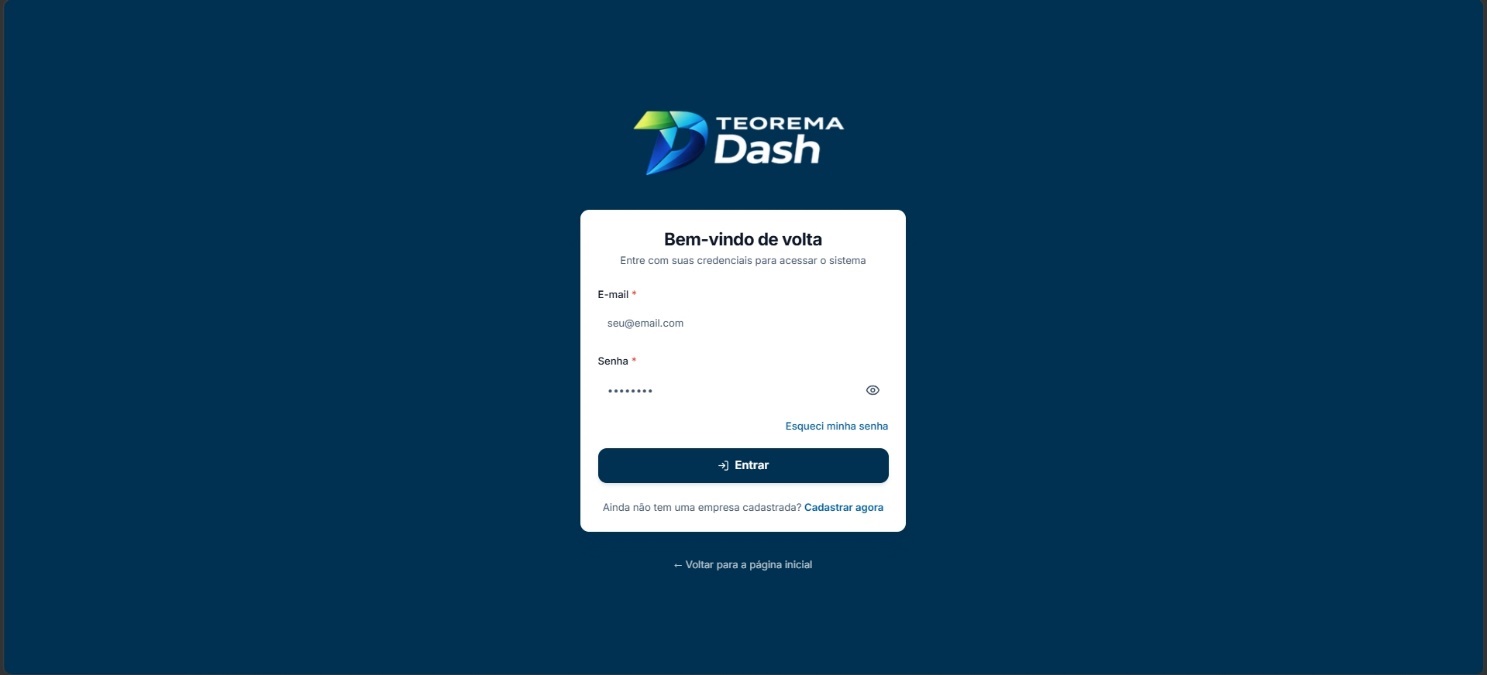 Tela de login da Plataforma Dash com campos E-mail e Senha obrigatórios, ícone para visualizar senha, link Esqueci minha senha, botão Entrar e link Voltar para a página inicial