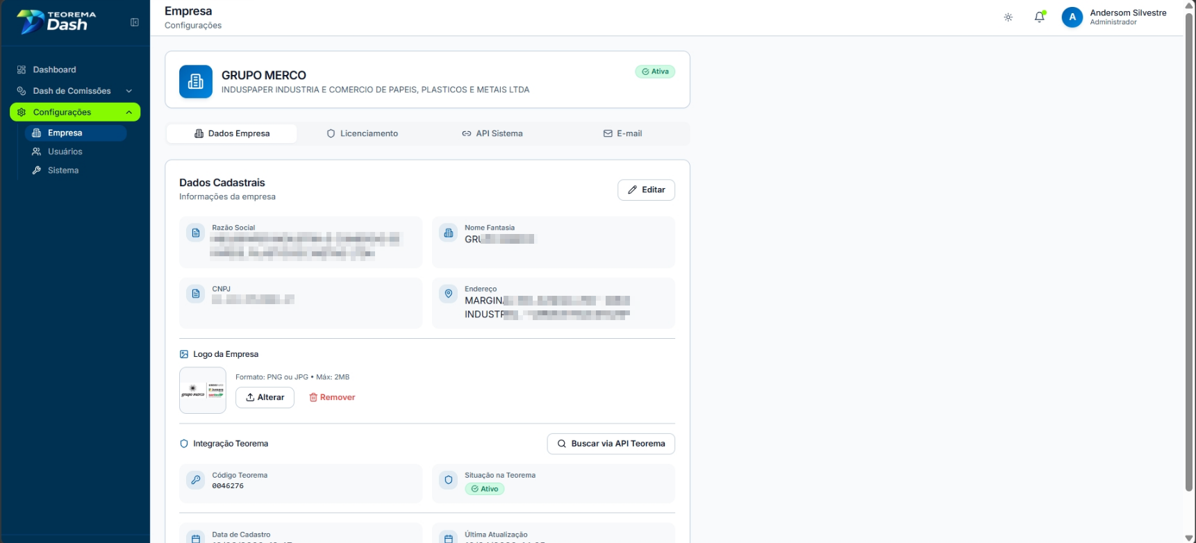 Tela Empresa em Configurações da Plataforma Dash com abas Dados Empresa, Licenciamento, API Sistema e E-mail. Seção Dados Cadastrais exibe campos Razão Social, Nome Fantasia, CNPJ e Endereço com botão Editar. Seção Logo da Empresa com botões Alterar e Remover. Seção Integração Teorema com campo Código Teorema, Situação na Teorema e botão Buscar via API Teorema