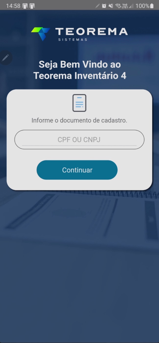Tela inicial de login do Teorema Inventário 4 com campo "CPF OU CNPJ" e botão "Continuar"
