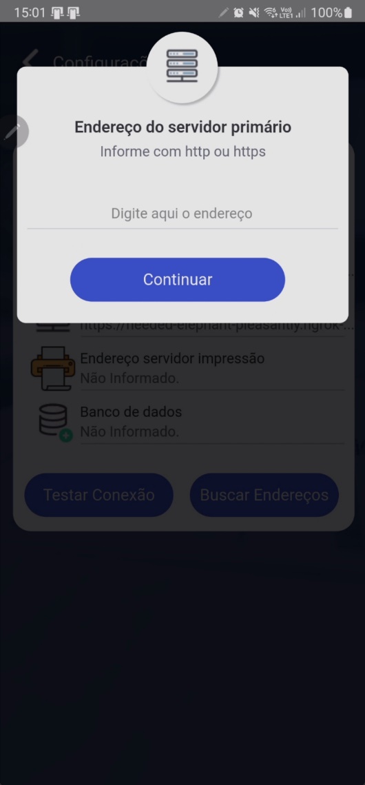 Tela de cadastro do endereço do servidor primário com campo de texto para URL e botão "Continuar"