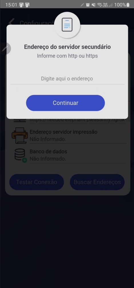 Tela de cadastro do endereço do servidor secundário com campo de texto para URL e botão "Continuar"