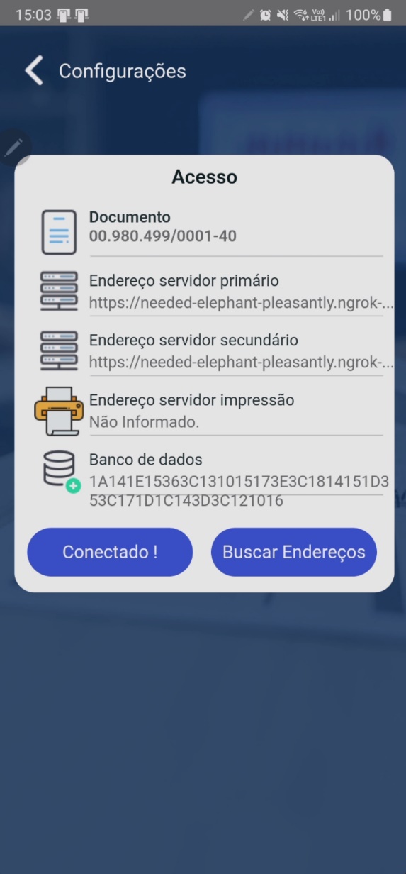 Tela de Configurações exibindo status "Conectado!" após teste de conexão bem-sucedido