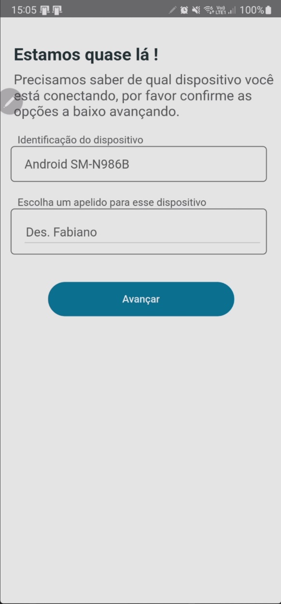 Tela de identificação do dispositivo com campo de apelido preenchido e botão "Avançar"