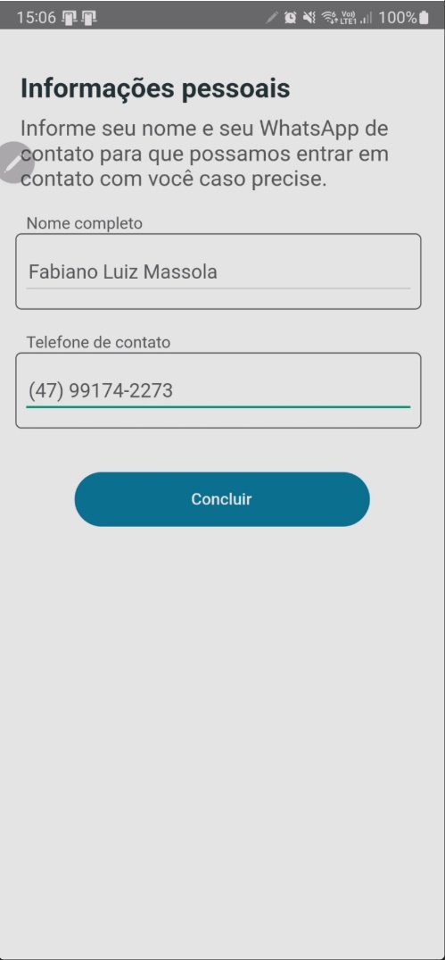 Tela de informações pessoais com campos de nome completo e telefone com WhatsApp e botão "Concluir"
