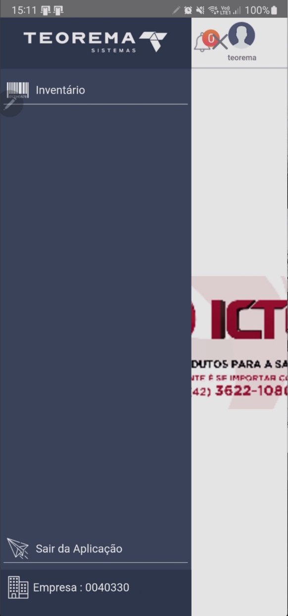 Menu lateral do Teorema Inventário 4 exibindo opções: Inventário, nome da empresa e Sair da Aplicação