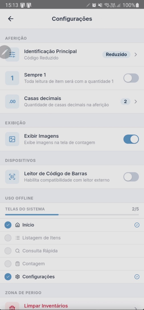 Tela de Configurações com seções: Aferição (Identificação Principal "Reduzido", Sempre 1, Casas decimais "2"), Exibição (Exibir Imagens ativo), Dispositivos (Leitor de Código de Barras inativo), Uso Offline com lista de Telas do Sistema e progresso 2/5, e seção Zona de Perigo com opção Limpar Inventários