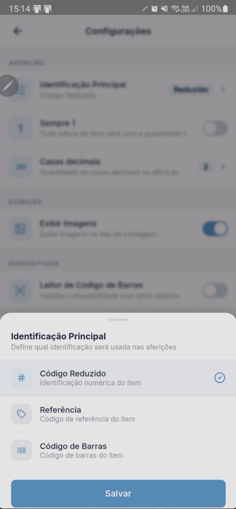 Painel "Identificação Principal" com opções Código Reduzido (selecionado), Referência e Código de Barras, e botão "Salvar"