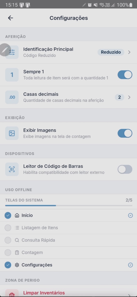 Tela de Configurações com a opção "Sempre 1" habilitada por toggle, com descrição "Toda leitura de item será com a quantidade 1"