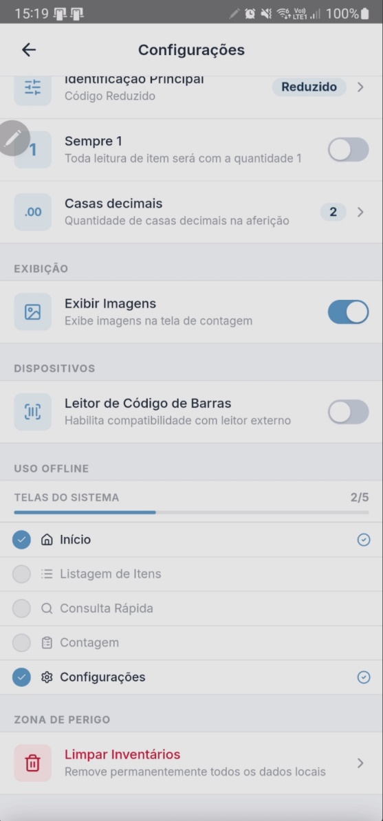 Tela de Configurações com a opção "Exibir Imagens" habilitada por toggle, com descrição "Exibe imagens na tela de contagem"