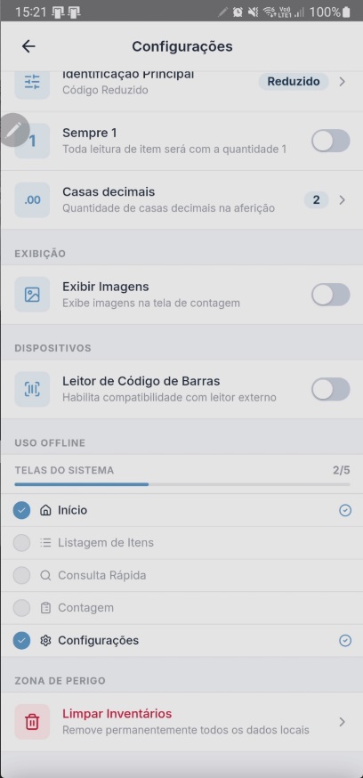Tela de Configurações na seção "Uso Offline" com lista de Telas do Sistema: Início (marcado), Listagem de Itens (pendente), Consulta Rápida (pendente), Contagem (pendente), Configurações (marcado) — progresso 2/5