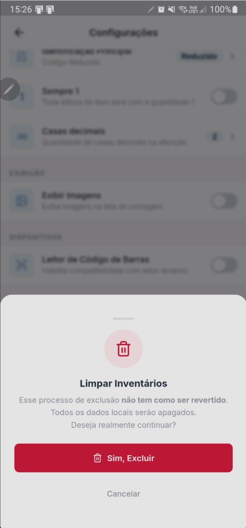 Diálogo de confirmação de exclusão de dados locais com botões "Sim, Excluir" e "Cancelar"