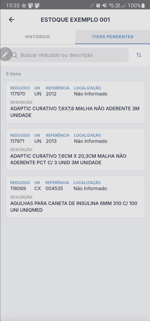 Aba "ITENS PENDENTES" com listagem de produtos exibindo colunas de código reduzido, unidade, referência, localização e descrição dos itens pendentes de contagem