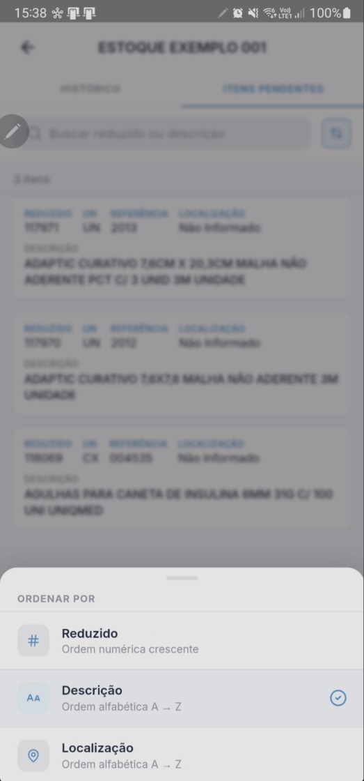 Painel de ordenação da listagem de itens com opções: Código Reduzido, Descrição e Localização