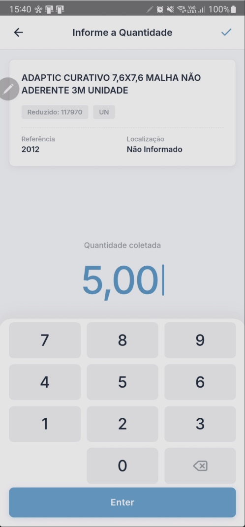 Tela "Informe a Quantidade" com item "ADAPTIC CURATIVO 7,6X7,6 MALHA NÃO ADERENTE 3M UNIDADE", Reduzido 117970, unidade UN, Referência 2012, Localização "Não Informado", campo "Quantidade coletada" com valor 5,00 e teclado numérico com botão "Enter"