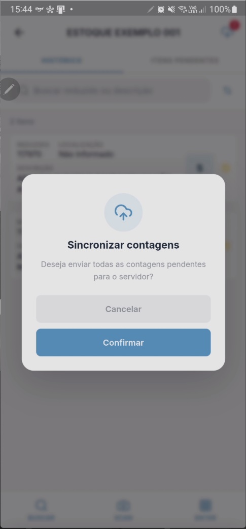 Diálogo de confirmação de sincronização manual com botões "Confirmar" e "Cancelar"