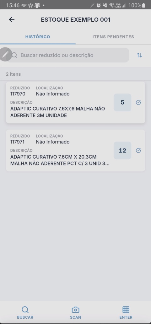 Tela de Histórico após sincronização concluída com itens exibindo ícone azul de sincronização realizada