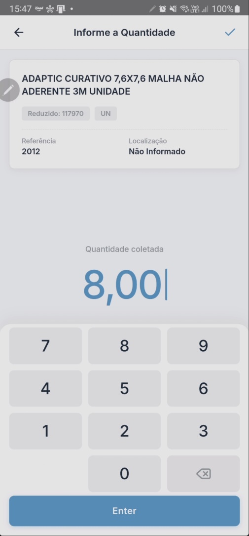 Tela "Informe a Quantidade" com dados do item e teclado numérico para edição da quantidade, botão "Enter"