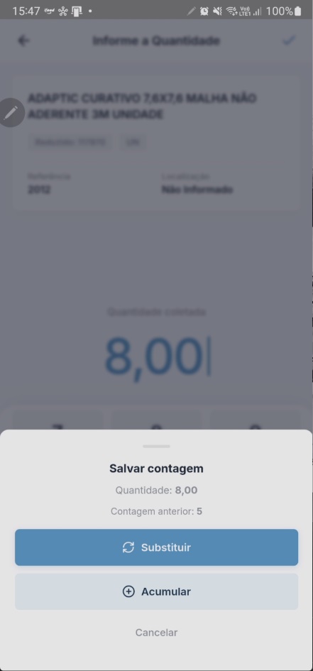 Diálogo de confirmação de atualização de contagem com opções "Substituir", "Acumular" e "Cancelar"