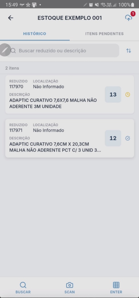 Aba Histórico com item atualizado exibindo a nova quantidade acumulada e ícone amarelo de sincronização pendente
