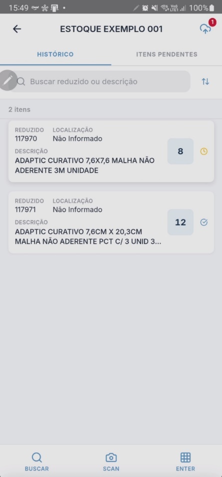 Aba Histórico com item atualizado exibindo a nova quantidade substituída e ícone de sincronização pendente