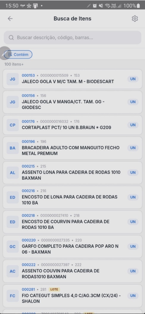 Tela de Busca de Itens com campo de pesquisa e listagem de produtos disponíveis para seleção