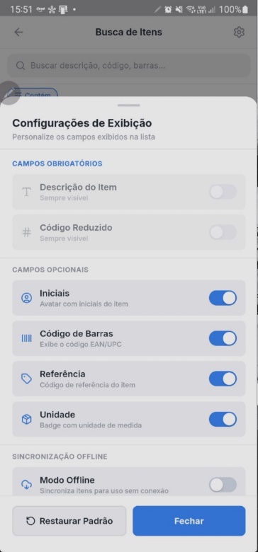 Tela de Configurações de Exibição da Busca de Itens com seções de campos obrigatórios e opcionais com toggles, e opção Modo Offline