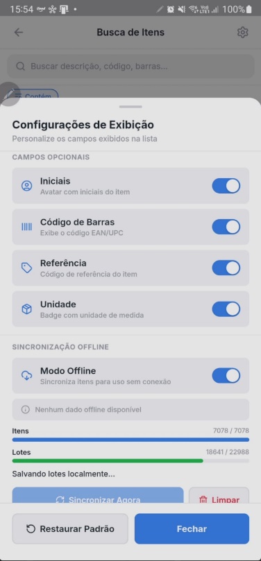 Tela de Modo Offline exibindo progresso de sincronização de itens e lotes para armazenamento local, com botões "Limpar" e "Restaurar Padrão"