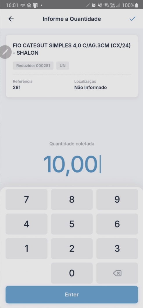 Tela "Informe a Quantidade" com dados do item, campo de quantidade coletada e teclado numérico com botão "Enter"